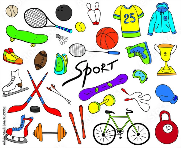 Fototapeta Sport items, sport equipment doodle set collection on white background. Health activity theme. Vector illustration.