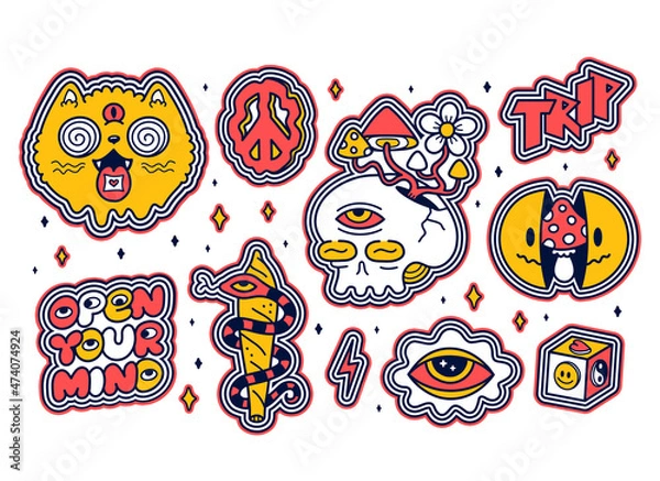 Fototapeta Funny crazy psychedelic stickers set print. Vector cartoon illustration sticker pack design. Psychedelic,groovy,trippy,lsd acid,magic mushrooms print for t-shirt,poster,card concept