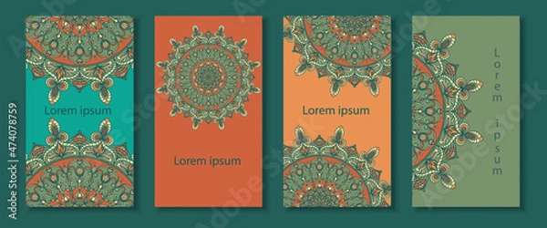 Obraz Four backgrounds of different colors with colorful mandala. Ethnic ornament in the design of cards, invitations, labels, packages, cards, business cards.