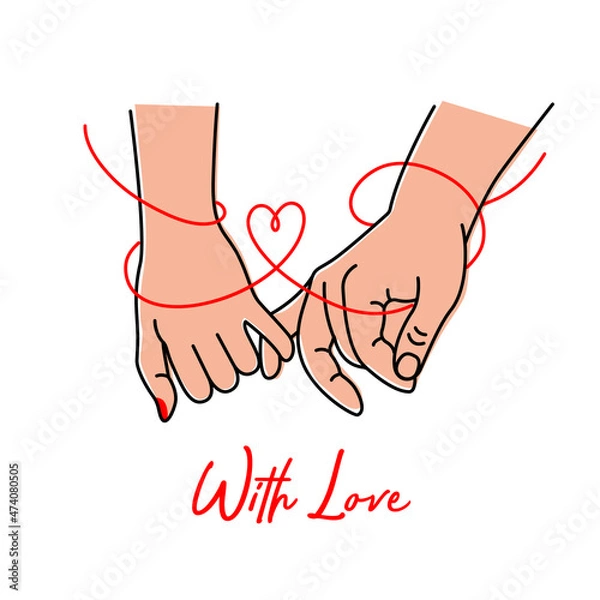 Fototapeta Two hands with interlocked or intertwined fingers hand drawn by black contour lines on white background. Vector illustration.