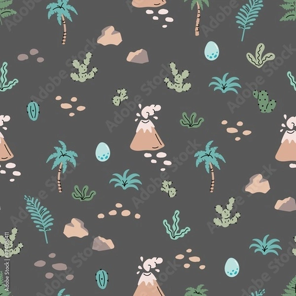Fototapeta Seamless pattern with hand drawn volcanoes, palms, stones, cactuses, leaves in scandinavian style. Creative vector trendy childish background for fabric, textile
