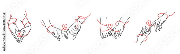 Obraz A set of touching hands and intertwined fingers drawn in black contour lines on a white background. Vector illustration.