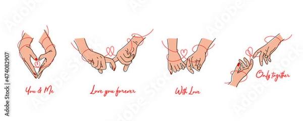 Obraz A colored set of touching hands and intertwined fingers drawn in black contour lines with inscription on a white background. Vector illustration.