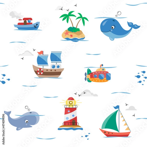 Fototapeta Isolated seamless pattern.Kids textile pattern.Texture for fabric, wrapping, textile, wallpaper, apparel.Repeated texture with sea cartoon characters. Islands, ships, whales, lighthouse.