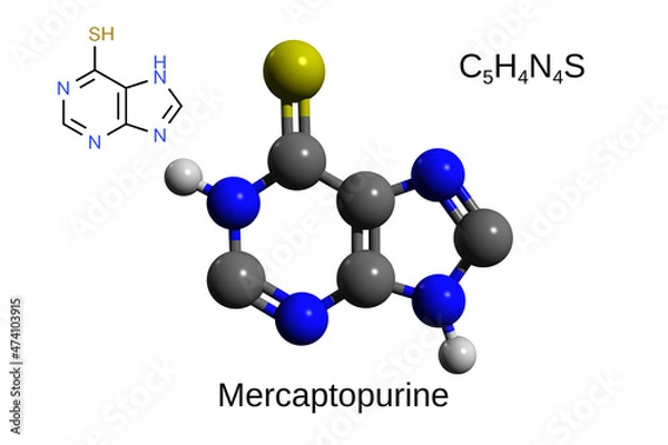Fototapeta Chemical formula, structural formula and 3D ball-and-stick model of the anticancer drug mercaptopurine, white background