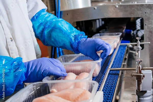 Obraz People working at a Chicken fillet production line.Group of workers working chicken factory,food processing plant concepts.Meat processing,food industry.Packing of meat slices in boxes ,conveyor belt.