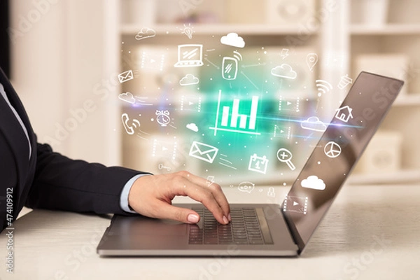 Fototapeta Businessman working on laptop with new business concept