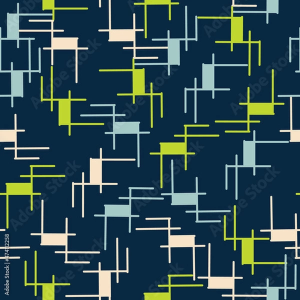 Obraz Dark Blue with pink, lime green and baby blue geometric shapes seamless pattern background design.