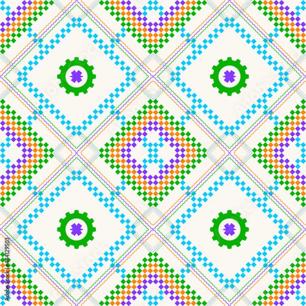Fototapeta Vector ethnic fabric oriental pattern traditional. Design quadrilateral geometric seamless ethnic. Use for background, carpet, wallpaper, clothing, wrapping, batik, fabric, vector illustration, sewing