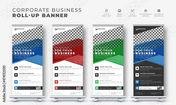 Fototapeta Corporate business modern roll up stand banner design, pull up vector creative x stand template with geometric shape