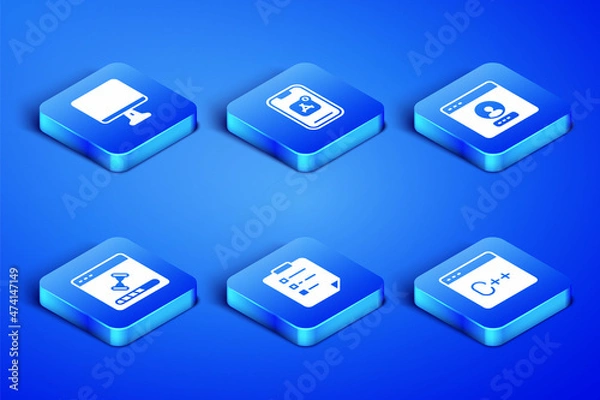 Obraz Set Software, Computer monitor screen, Clipboard with checklist, Loading data window, Mobile Apps and Create account icon. Vector