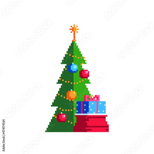 Fototapeta Christmas tree with presents bag. New Year greeting card design. Sticker design. Pixel icon. Isolated vector illustration