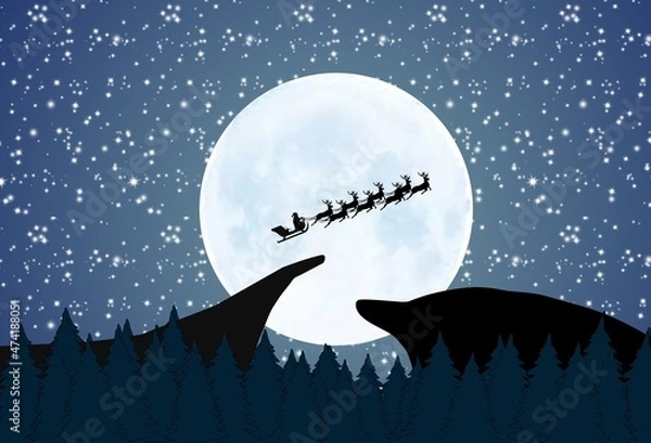 Fototapeta Christmas fantasy Santa Claus and Reindeer passing through the moon