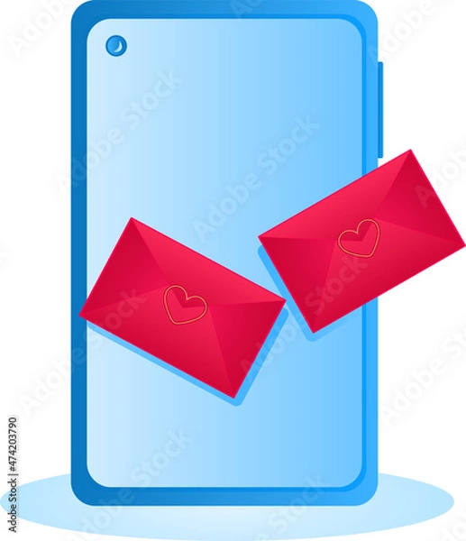 Fototapeta Blue smartphone with two red envelopes with yellow hearts vector illustration