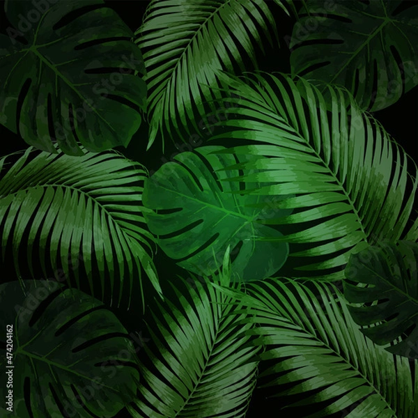 Fototapeta Realistic monstera and palm leaves on dark background. Modern background for your design. Illustration for birthday, party card, invitation, fashion.