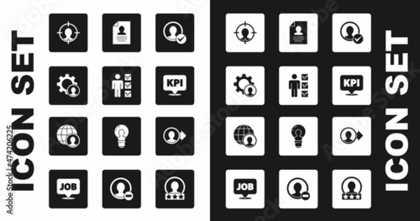 Fototapeta Set Create account screen, User of man in business suit, Head hunting, Key performance indicator, Resume, and Globe and people icon. Vector