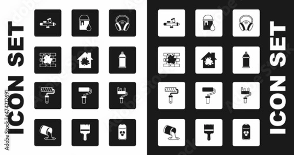 Fototapeta Set Gas mask, Painting the house, spray gun, can, bucket, roller brush and icon. Vector