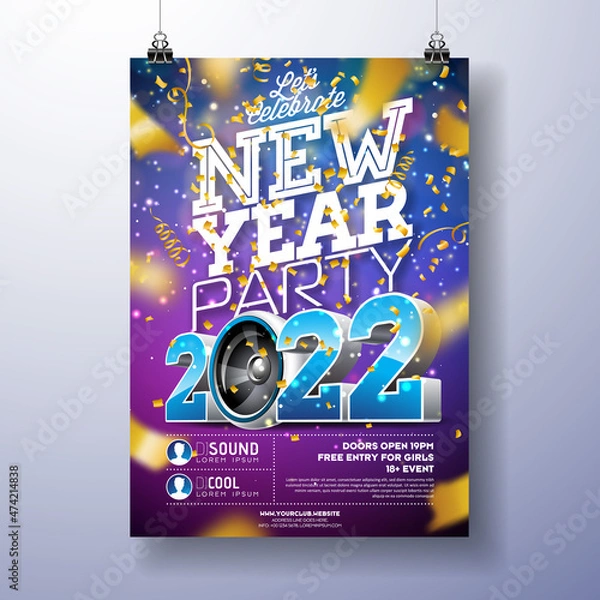 Fototapeta 2022 New Year Party Celebration Poster Template Illustration with 3d Number, Speaker and Falling Colorful Confetti on Shiny Colorful Background. Vector Xmas Holiday Season Premium Party Invitation