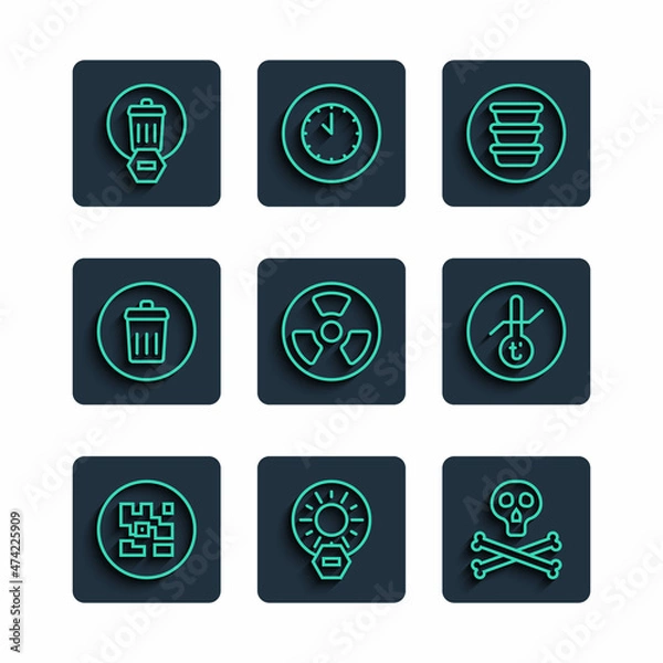 Fototapeta Set line QR code, No direct sunlight, Bones and skull warning, Bowl, Radioactive, Trash can, and Meteorology thermometer icon. Vector