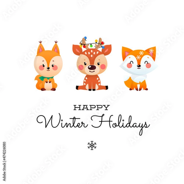 Fototapeta Happy Winter Holidays. Cute illustration of a little deer, a squirrel and a fox isolated on a white background. Vector 10 EPS.