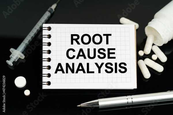 Fototapeta On the black surface are pills, a syringe and a notebook with the inscription - Root Cause Analysis
