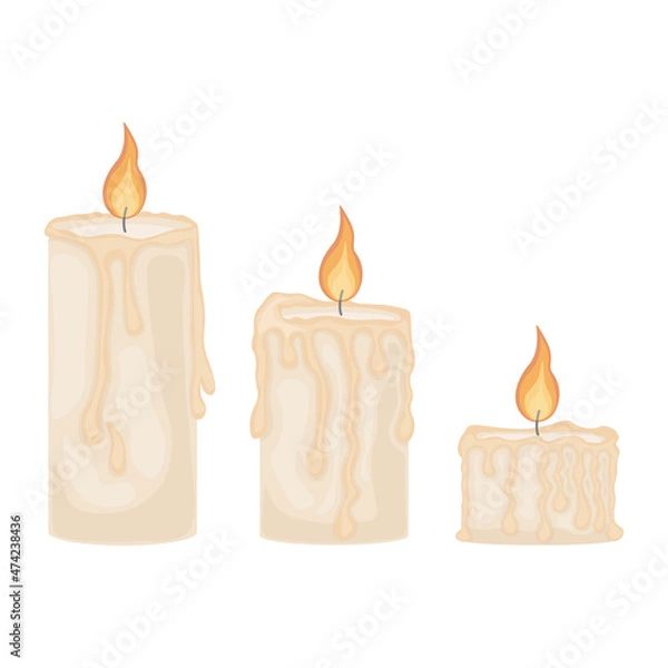 Fototapeta An illustration depicting three romantic burning candles. Wax candles of different sizes. Three candle flames, vector illustration isolated on a white background