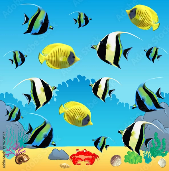 Fototapeta Underwater panorama. Sea underwater, cartoon fish swimming in the ocean, deep coral reef and sand, panoramic vector illustration background