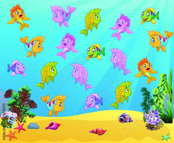 Fototapeta Underwater panorama. Sea underwater, cartoon fish swimming in the ocean, deep coral reef and sand, panoramic vector illustration background