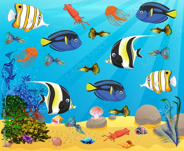 Fototapeta Underwater panorama. Sea underwater, cartoon fish swimming in the ocean, deep coral reef and sand, panoramic vector illustration background