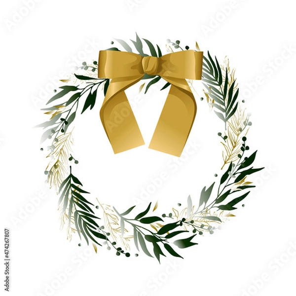 Obraz New Year's wreath with a gold bow. Christmas decor. Green leaves and branches, round frame. Design element for greeting card.