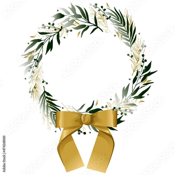 Obraz New Year's wreath with a gold bow. Christmas decor. Green leaves and branches, round frame. Design element for greeting card. Vector illustration.