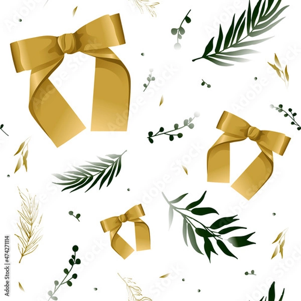 Obraz New Year's seamless pattern. Gold bows, green leaves and branches. Christmas decor. Design elements for greeting card, wallpaper, textiles.
