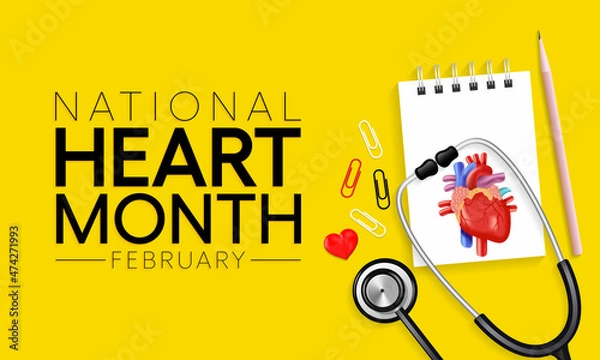Fototapeta National Heart month is observed every year in February, to adopt healthy lifestyles to prevent heart disease (CVD). Vector illustration