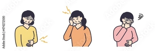Obraz 腹痛、頭痛、吐き気に悩む女性のイラスト素材