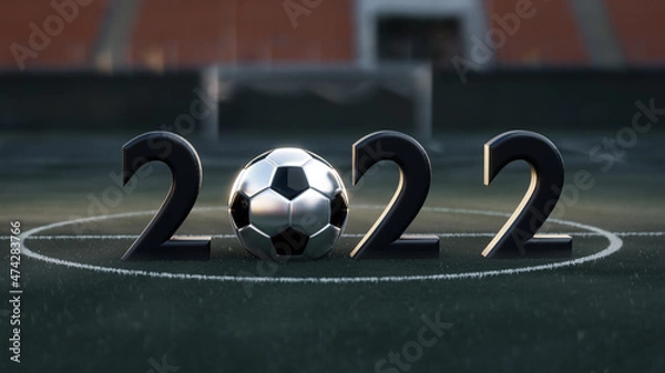 Obraz Close up view of 2022 number. Black text and soccer balls on the green soccer field, grass. New Year Sign.Right side. Sport concept. 3D Rendering.