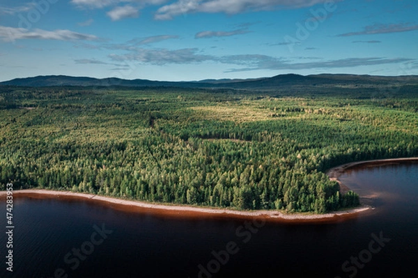Fototapeta Green forest and lakeshore at Lake Siljan from above with blue sky in Dalarna, clouds in sky, Sweden.