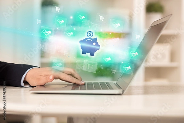 Fototapeta Businessman working on laptop with new business