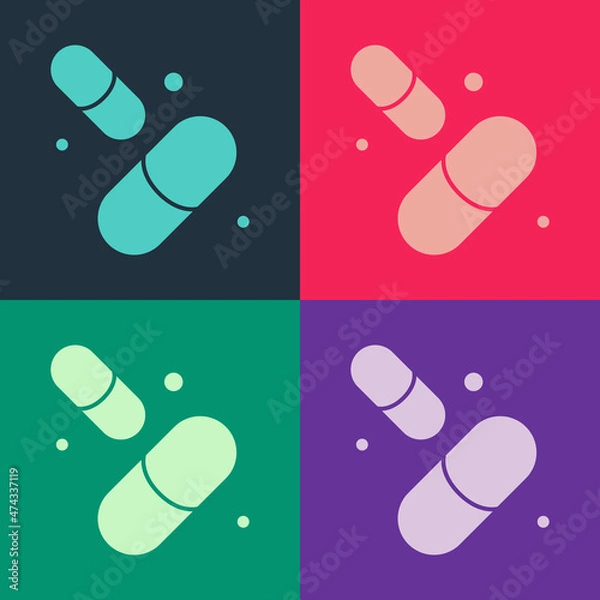 Fototapeta Pop art Vitamin complex of pill capsule icon isolated on color background. Healthy lifestyle. Vector