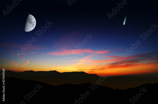 Obraz Photocomposition with Neowise comet and Moon