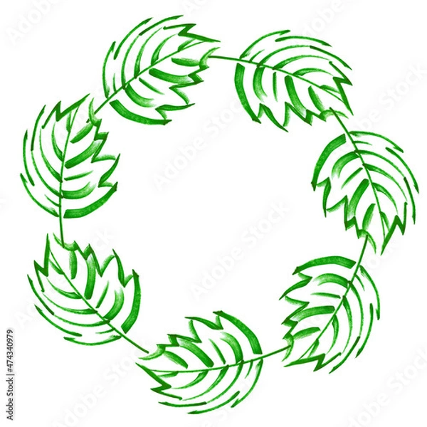 Obraz Wreath frame with beautiful delicate pattern Lines marker grass greens hand drawing creeper leaves bright tree