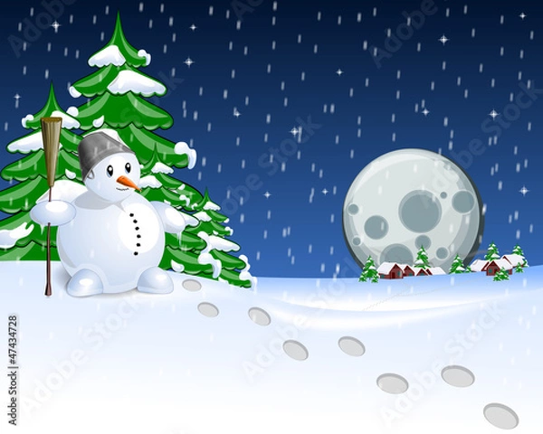 Obraz Snow Man and Moon and tree