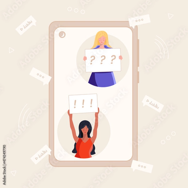 Fototapeta White and black women with interrogative and affirmative placards in hands in smartphone in flat style vector illustration