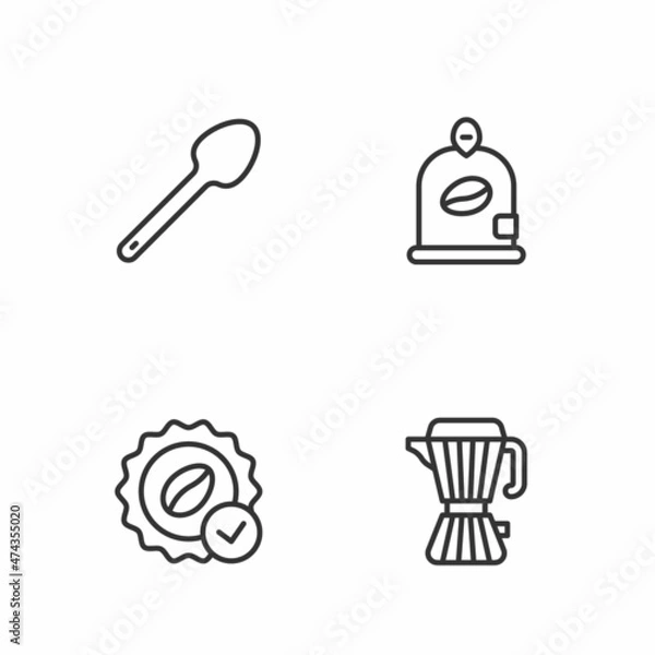 Fototapeta Set line Coffee maker moca pot, Medal for coffee, Teaspoon and Bag beans icon. Vector