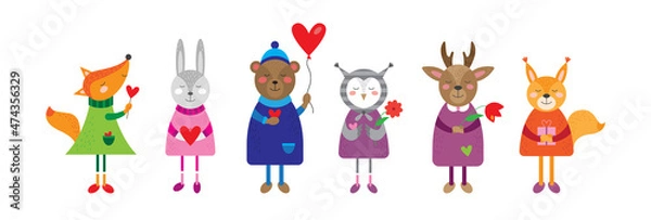 Obraz Lovely animals in cartoon style vector. Deer, squirrel, bear, rabbit, owl, fox in vector.