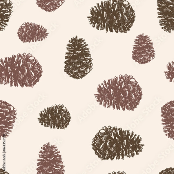 Obraz Seamless background from drawn brown fir cones
