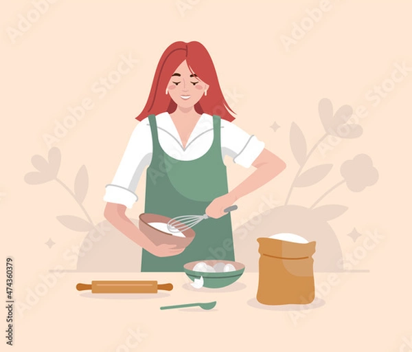 Obraz Vector illustration of young woman who is cooking. Girl using  a whisk to mix ingredients. Baking ingredients: flour, rolling pin, whisk, eggs. 