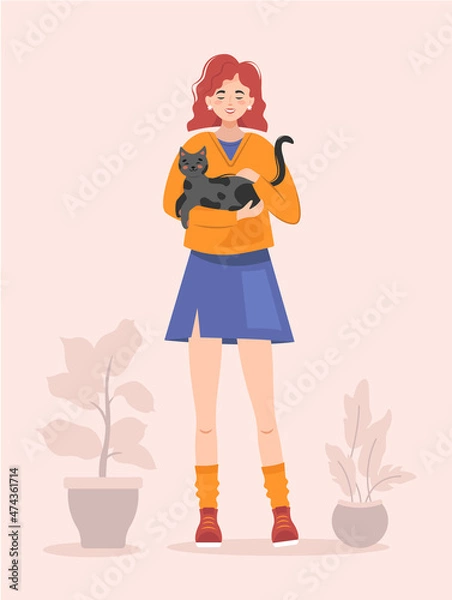 Obraz Cute girl holding gray cat with black spots. Happy pet owner vector illustration. Cute cat with her owner. Cats lover illustration.