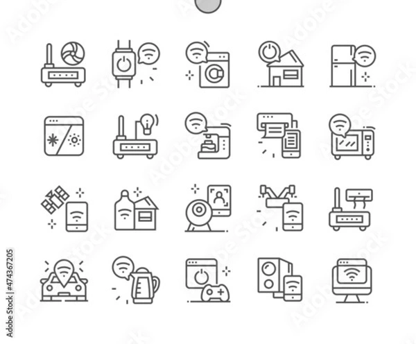 Fototapeta Internet of things. Control of smart appliances. Wi-Fi router. Smart house. Connection, innovation and technology. Pixel Perfect Vector Thin Line Icons. Simple Minimal Pictogram