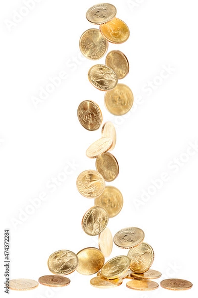 Obraz American golden dollars falling on white background
