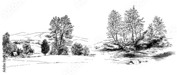 Obraz Rural landskape, forest and meadow. Hand drawn set.